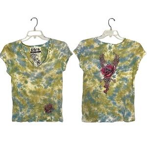 Anama Y2K Tie Dye Rose Skull Thrashed Jewel Graphic Tee Medium
